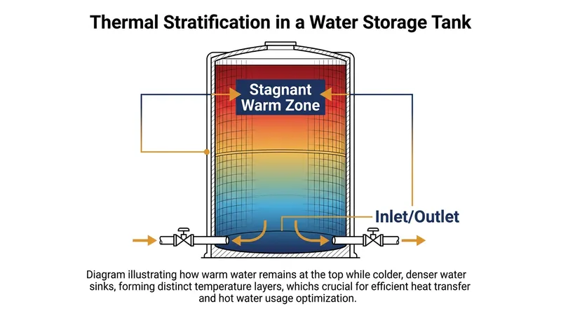 Thermal stratification traps warm, aging water at the top of storage tanks, creating zones where free chlorine rapidly dissipates.