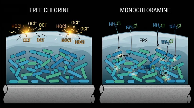 While highly reactive free chlorine neutralizes on the surface of biofilms, stable monochloramine penetrates the protective matrix to reach embedded bacteria.