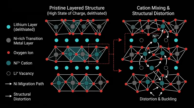 When the cathode is fully emptied of lithium at 100 percent charge, transition metals migrate into the vacancies and block future ion pathways.