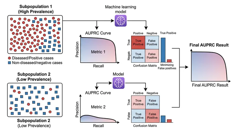 Optimizing for aggregate AUPRC can actively harm minority subpopulations by forcing the model to favor demographic groups with higher base rates.