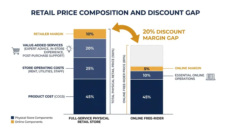 The margin gap between full-service retail and discount e-commerce.