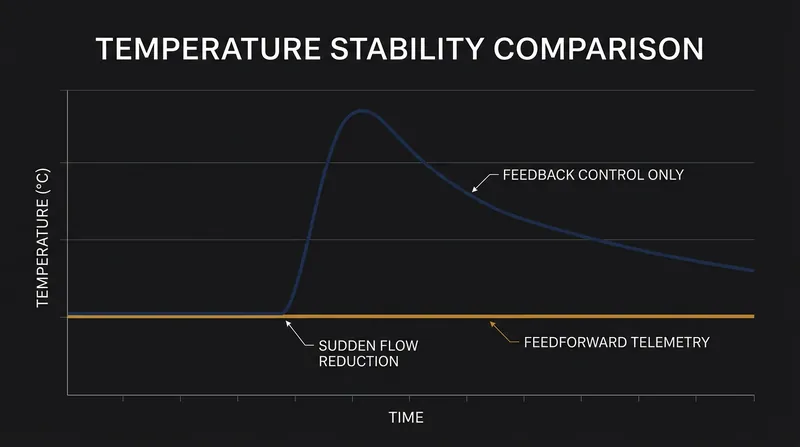 Feedforward control preempts temperature spikes by reacting to flow changes before the water overheats.