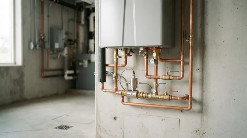 Close-up view of the internal copper heat exchanger and digital control board of a modern tankless water heater.