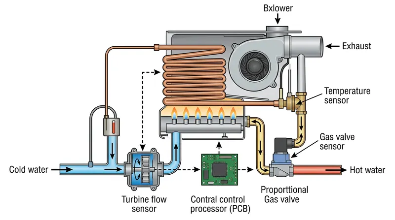 The inlet turbine measures water flow, allowing the processor to adjust the gas valve instantly.