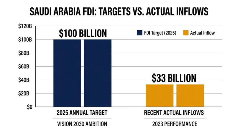 Saudi Arabia's foreign direct investment has recently hovered near $33 billion, well below the kingdom's $100 billion annual target.
