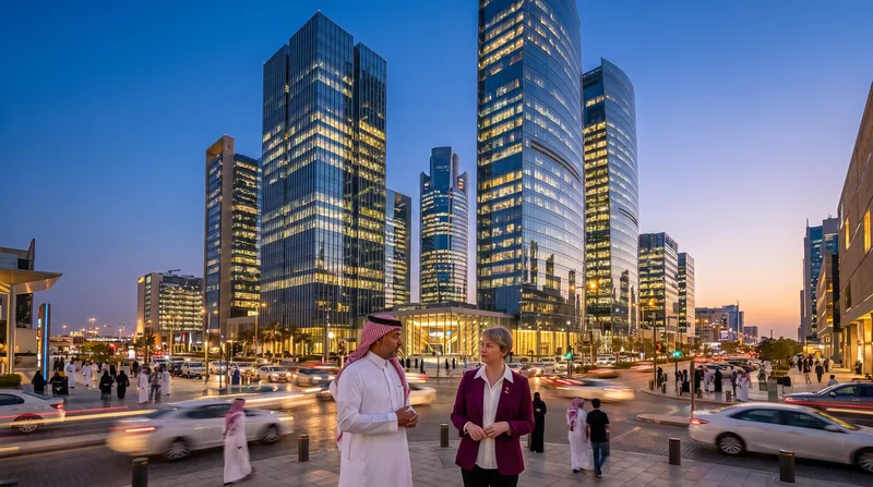 The King Abdullah Financial District skyline in Riyadh, Saudi Arabia, featuring modern glass skyscrapers.