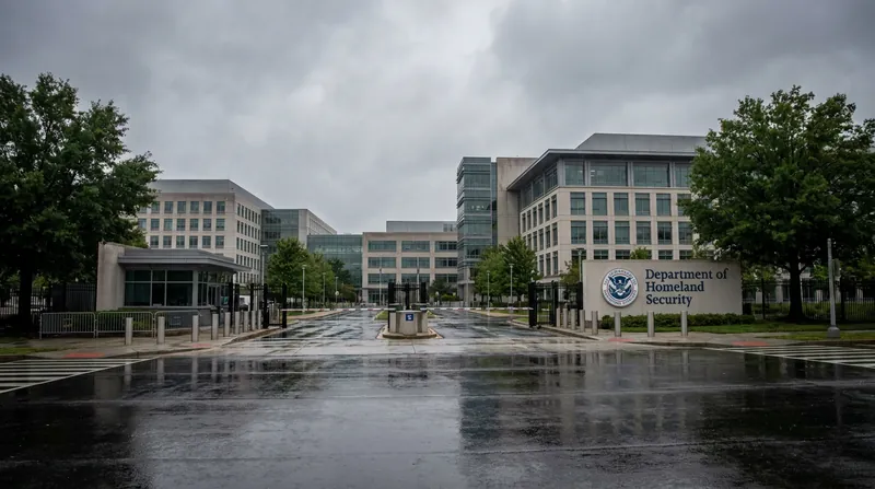 The exterior of the Department of Homeland Security headquarters building in Washington DC under a clear sky.