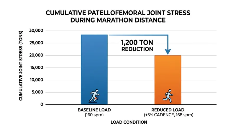 Even with more total steps, a 5 percent higher cadence drastically reduces cumulative knee load.