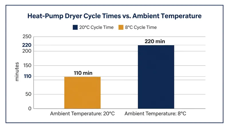 Cycle times for an 8-kilogram cotton load double when ambient temperatures drop below 10 degrees Celsius.
