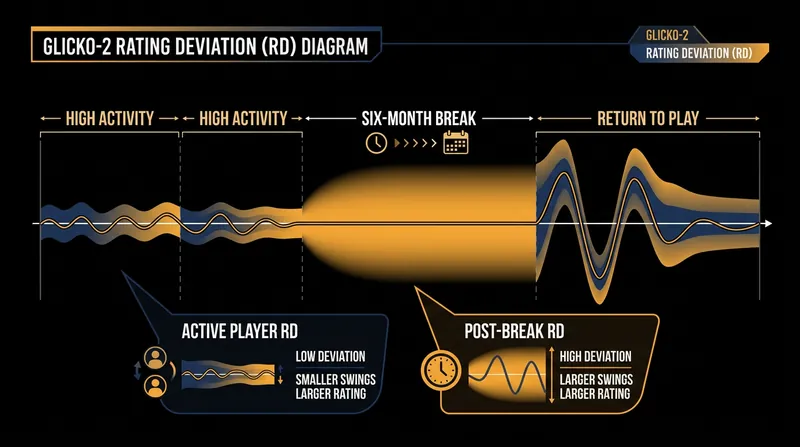 Inactivity forces the Glicko-2 system to widen its uncertainty estimate, leading to massive rating swings upon return.