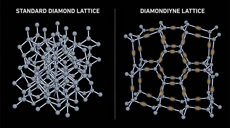 The insertion of triple bonds between carbon atoms pushes the tetrahedral nodes apart, creating nanoscale voids.