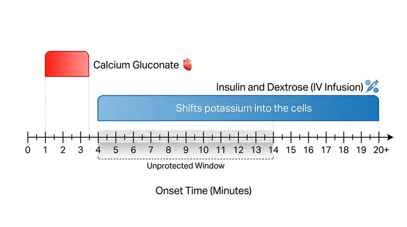 Calcium gluconate bridges the critical 15-minute gap before insulin begins to shift potassium into the cells.
