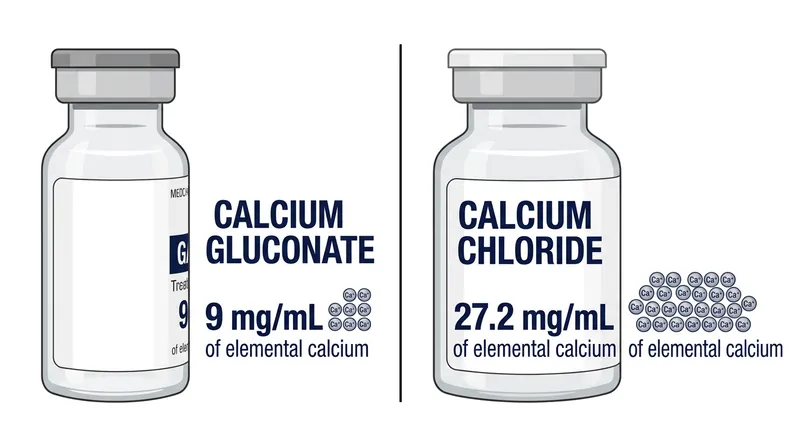 Calcium chloride contains three times the elemental calcium of gluconate, but carries a high risk of tissue damage if it leaks from a peripheral vein.