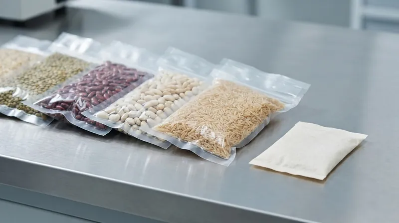 A small white oxygen absorber sachet resting on top of dry brown rice inside a package.
