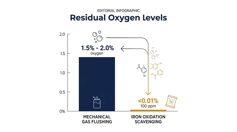 Chemical scavenging achieves an oxygen floor over 150 times lower than mechanical gas flushing.