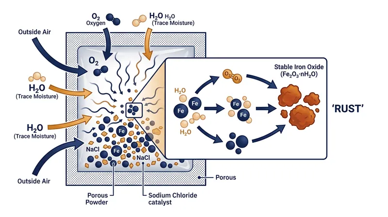 Sodium chloride acts as a catalyst, allowing the iron powder to oxidize using only the trace moisture off-gassed by the dry food.