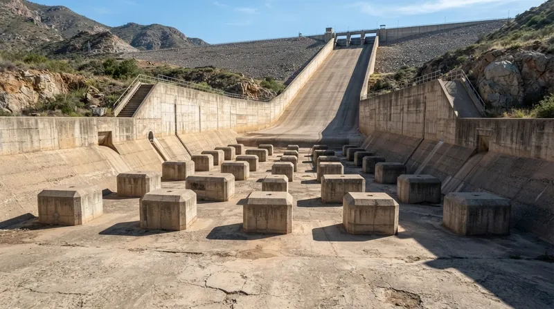 Illustration: Concrete baffle blocks are often installed to physically force the water to break when the Froude number is too low.