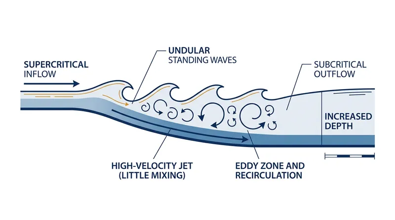 Because undular waves do not break, the high-velocity jet simply dives beneath the surface and retains its kinetic energy.