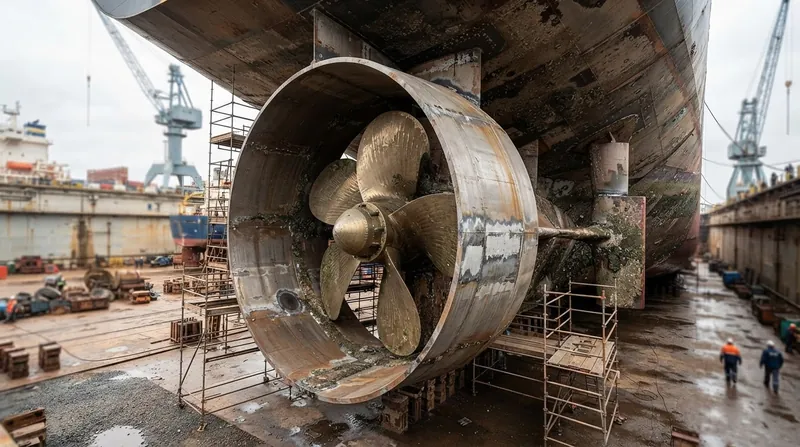 Illustration: A Kort nozzle physically contains tip vortices and absorbs pressure pulses, shielding the ship's primary hull from vibration.