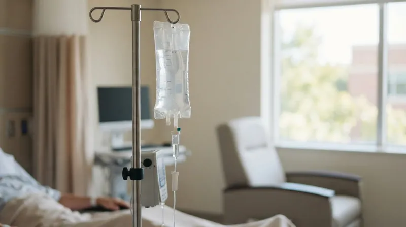 A bright, modern oncology infusion center with comfortable treatment chairs and intravenous drip stands.
