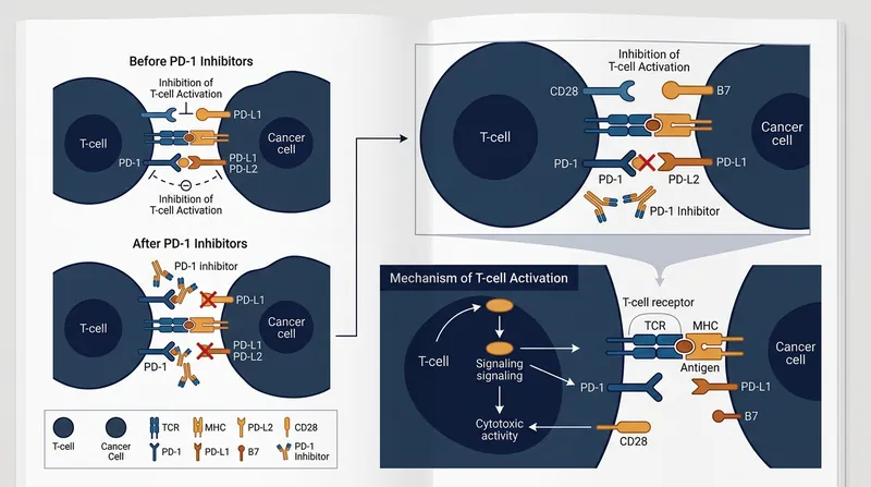 Dostarlimab blocks the PD-1 pathway, stripping the tumor of its chemical camouflage and allowing T-cells to attack.