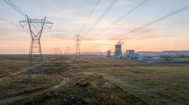 A conceptual rendering of a modern small modular nuclear reactor facility with multiple cylindrical buildings at dusk.