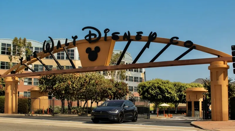 The exterior of the Walt Disney Company corporate headquarters building in Burbank, California.