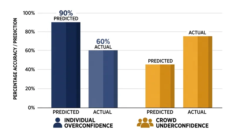 Individuals are consistently overconfident in their predictions, while simple crowd averages skew heavily toward underconfidence.