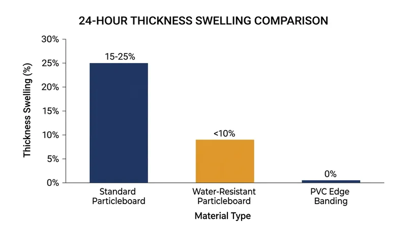 Standard particleboard cores swell significantly under moisture, while plastic edge banding remains rigid.