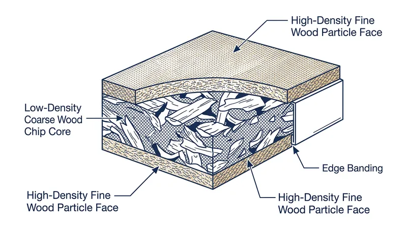 Particleboard features a three-layer structure with dense faces and a lighter, porous core.