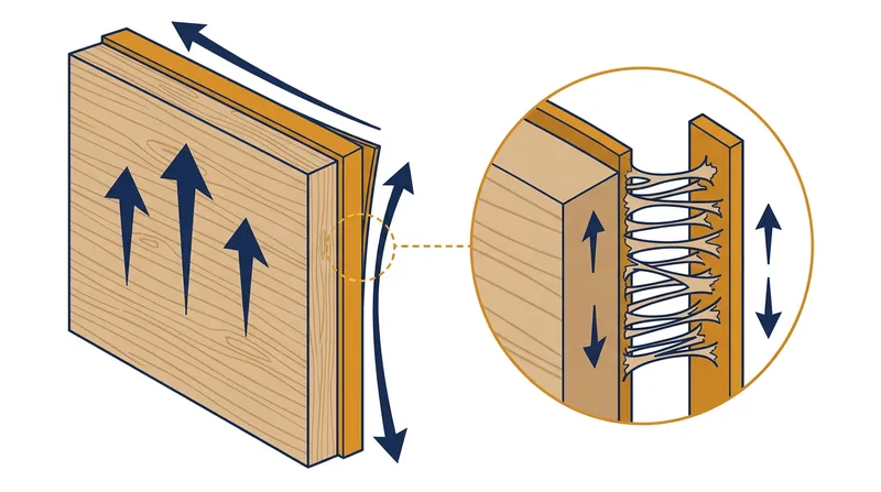 Differential expansion induces mechanical shear stresses that wedge the edge banding away from the core.