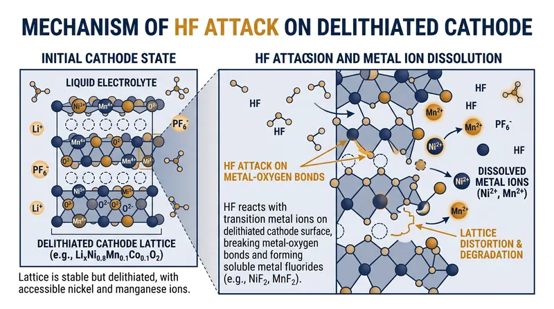 High voltages cause the electrolyte to break down into acids that dissolve transition metals directly out of the cathode.