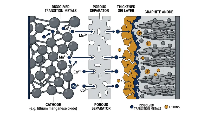 Dissolved metals migrate to the anode, where they permanently trap active lithium and increase internal resistance.