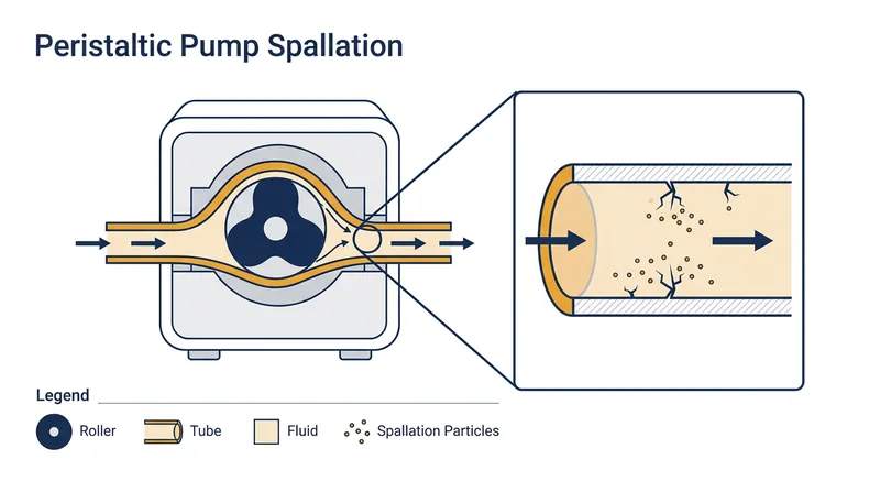 Repeated compression cycles cause the inner wall of the tubing to fatigue, shedding microscopic plastic fragments into the fluid path.