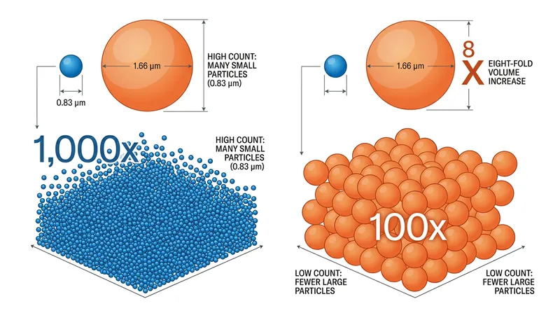 Because volume scales with the cube of the radius, a particle twice as wide contains roughly eight times as much plastic mass.