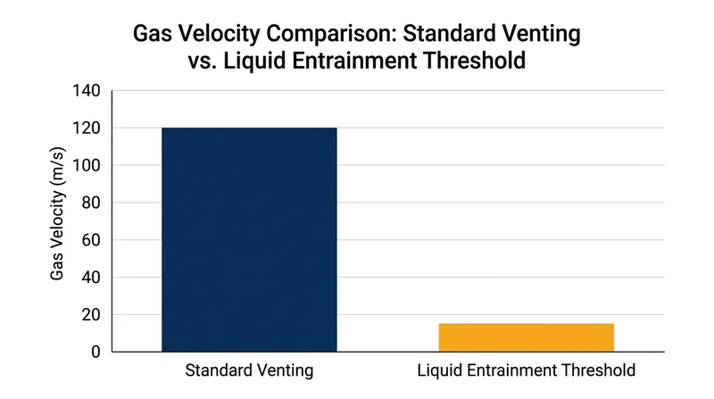 A standard blowdown event generates gas velocities eight times higher than the liquid entrainment threshold.