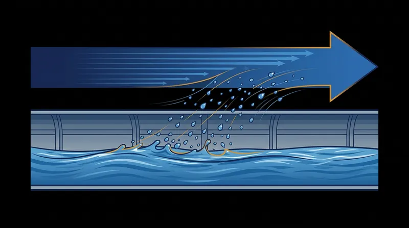 Gas velocities exceeding 15 meters per second overcome surface tension, shearing pooled water into a fine mist.