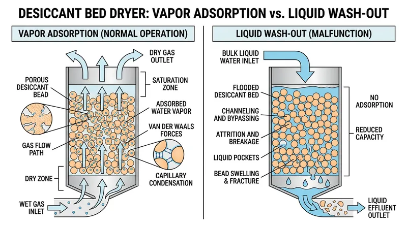 Desiccant beads are designed to trap water vapor, but bulk liquid water permanently destroys their porous structure.
