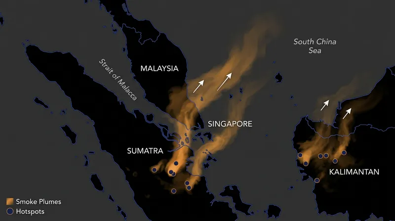 Wind patterns have pushed dense particulate matter across the Strait of Malacca, triggering regional air quality alerts.