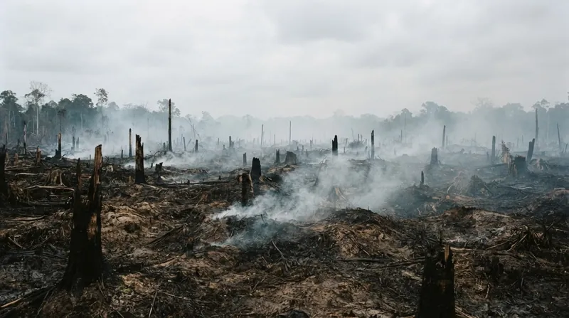 Aerial view of thick white smoke rising from a charred, smoldering peatland landscape in Indonesia.