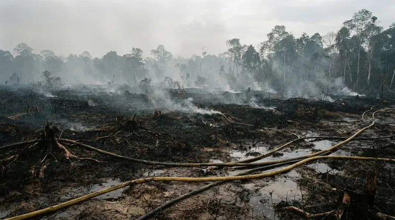 Illustration: Ground crews must flood the smoldering peat to extinguish fires burning deep below the surface.