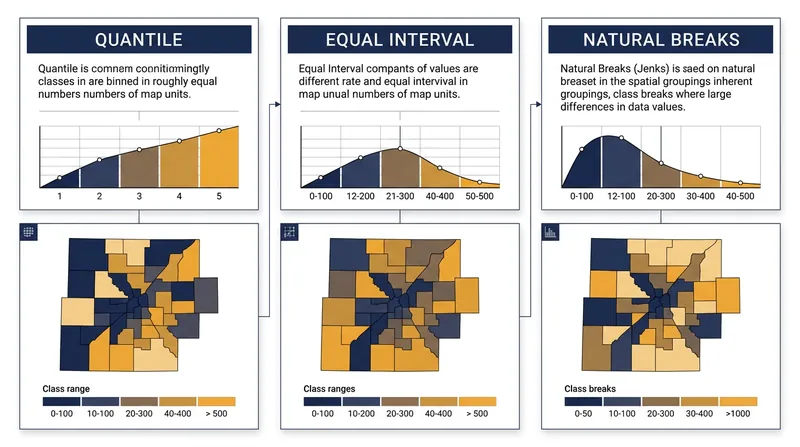 Algorithmic classification schemes offer alternative methods for grouping skewed data into discrete color bins.
