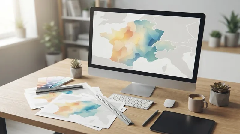 A data analyst points at a large glowing digital map projection showing vivid choropleth color gradients in a dark control room.