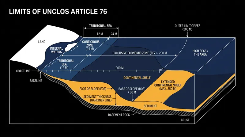 UNCLOS grants a default 200-nautical-mile shelf, with extended claims capped at 350 nautical miles.