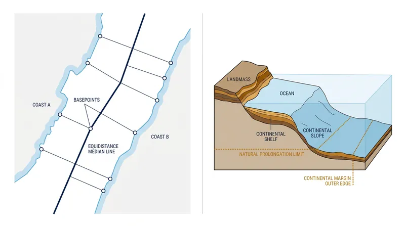Equidistance relies on geometric distance, while natural prolongation maps the physical extension of the landmass.