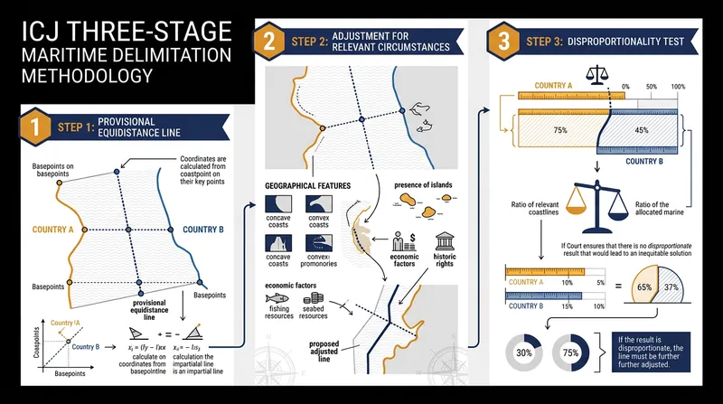 Modern tribunals use a strict three-stage process to resolve overlapping maritime boundary claims.