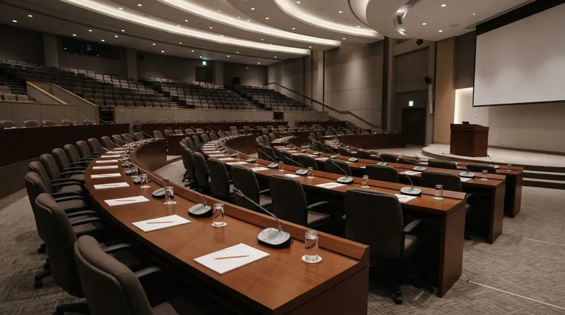 An empty plenary hall at a United Nations conference center with nameplates and microphones on desks.