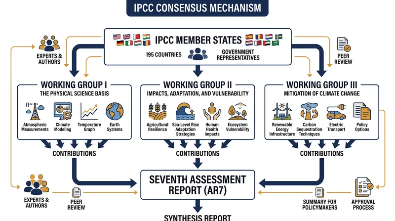 The IPCC operates strictly by consensus, requiring agreement from all 195 member states to finalize administrative timelines.