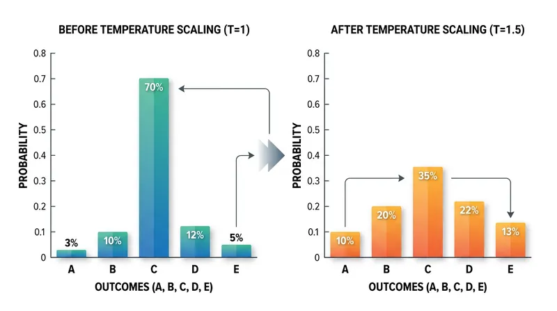 Dividing logits by a temperature greater than 1.0 flattens the resulting probability distribution.