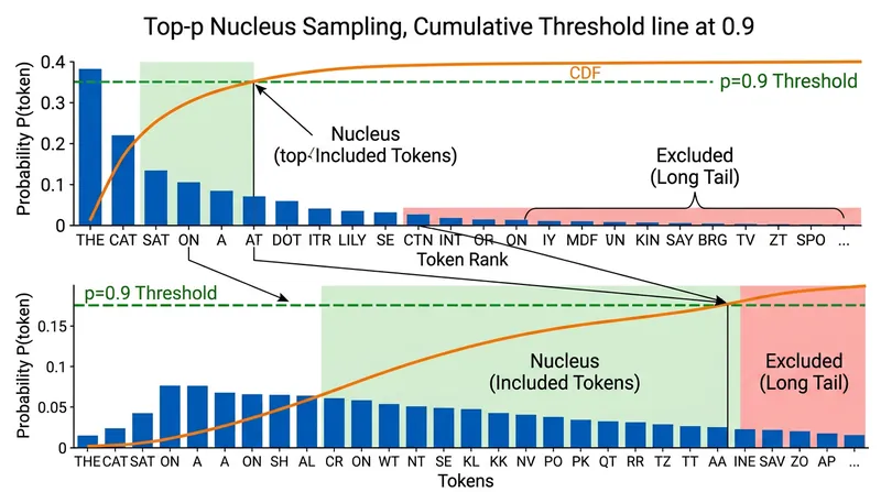 Nucleus sampling truncates the vocabulary to the smallest set of tokens whose cumulative probability exceeds a threshold p.